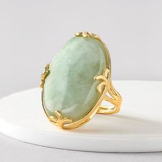 30x20mm Jade Ring in 18kt Gold Over Sterling | Ross-Simons Jade Ring Engagement, Stone Rings Women, Jade Accessories, Stone Ring Design, Jade Design, Diamond Fashion Jewelry, Turquoise Drop Earrings, Chinese Jade, London Blue Topaz Ring