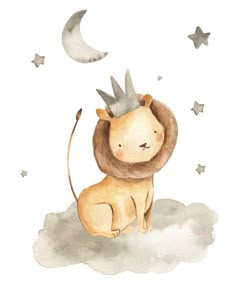 a watercolor drawing of a lion with a crown on its head and stars in the sky