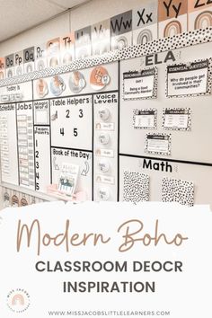 the modern boho classroom decor is displayed in front of a bulletin board