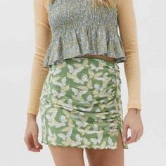 Urban Outfitters Green Butterfly Mini Skirt With Ruched Side Tie And Ruffled Hem. Never Worn. Perfect Condition. Green Ruched Mini Skirt, Green Fitted Casual Skirt, Casual Fitted Mini Skirt For Brunch, Casual Fitted Green Skirt, Fitted Casual Mini Skirt For Brunch, Urban Outfitters Trendy Summer Skirt, Urban Outfitters High Waist Summer Skirt, Urban Outfitters High Waist Skirt For Summer, Casual Green Mini Skirt For Spring