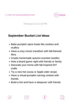 an iphone screenshot with the text, november bucket list ideas and muffins