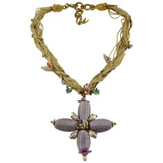 CHRISTIAN LACROIX vintage pendant necklace featuring a beautiful cross made of olive shaped woven silk branches embellished with faux pearl and multicolored crystals. Off white silk cord rope interweaved with gold tone chain and charms. Lobster clasp closure with extension chain. Hanging CL monogram tag. Indicative measurements : total max. length approx. 41 cm (16.14 inches) / adjustable length from approx. 39 cm (15.35 inches) to approx. 41 cm (16.14 inches) / cross approx. 6.2 cm x 6.2 cm (2. 1stdibs Jewelry, Christian Lacroix Jewelry, Cl Monogram, Jean Louis Scherrer, 80s Jewelry, Vintage Pendant Necklace, Beautiful Cross, Miriam Haskell, Vintage Couture