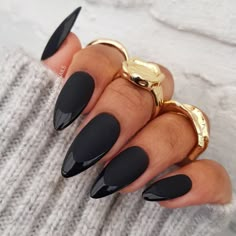 Matt Black Nails With Shiny Tips, Salem Nails Ideas, Black Witchy Nails Almond, Black Nails With White Dots, Matte Tip Nails, Matte Black Nails With Glossy Tips, Matte Halloween Nails, Black Almond Nails