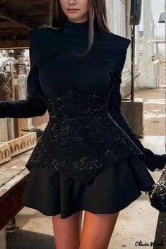 Oliviamark - Peplum Skater Dress in a Sparkling, Rhinestone-Embellished Style Elegant Work Wear, Round Collar Dress, Black Collared Dress, Popular Clothing, Sleeveless Skirt, Evening Dresses Plus Size, Corset Mini Dress, Party Dress Long Sleeve, Pleated Mini Dress