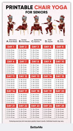 the printable chair yoga schedule for seniors is shown in red and white, with instructions to