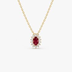 Ruby Necklace  / 14k Gold Ruby Pendant with Halo Diamonds / Classic Ruby Necklace / Mini Ruby Necklace / July Birthstone ▶Item Details * Made to Order * Gold Kt: 14K (also available in 18K) * Available Gold Color: Rose Gold, Yellow Gold, White Gold * Length and Width of Setting: 8 x 6 MM * Round Diamond: 14 pcs 1.2 MM * Oval Ruby: 1 pc 5 x 3 MM * Diamond Carat Weight: 0.10 ctw * Ruby Carat Weight: 0.30 ctw * Diamond Color-Clarity: G Color SI Clarity * Ready to Ship in 1-2 Business Days ▶ See mor Oval Diamond Necklace With Jewels, Oval White Gold Necklace With Jewels, Elegant Marquise Birthstone Necklaces, Formal Birthstone Necklace Fine Jewelry, Elegant Marquise Birthstone Necklace, Luxury Marquise Ruby Gold Jewelry, Elegant Yellow Gold Ruby Necklace, Luxury Marquise Gemstone Necklaces, Luxury Marquise Gemstone Necklace