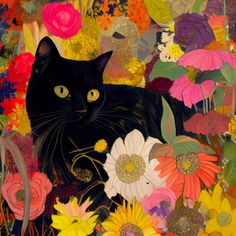 a black cat surrounded by flowers on a white background