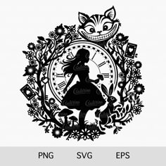 the silhouette of a girl in a dress with a cat on her head is surrounded by flowers and plants