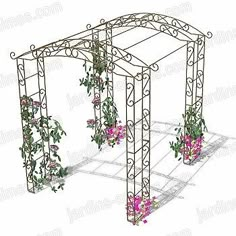 an outdoor gazebo with pink flowers growing on it