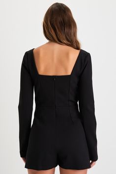 Confidence will come easy when you know you're looking oh-so-cute in the Lulus Constant Charm Black Long Sleeve Square Neck Romper! Stretchy ponte knit shapes this sophisticated romper that has long fitted sleeves and a square neckline. Bodice boasts flattering seaming details and a fitted waist, atop attached shorts that have a front skirt overlay with a notched mini hem. Hidden zipper/clasp at back. Fit: This garment fits true to size. Length: Above mid-thigh. Size medium measures 30.5" from s Sleek Long Sleeve Bodycon Cocktail Dress, Long Sleeve Mini Dress With Structured Shoulders For Fall, Chic Bodycon Dress With Structured Shoulders For Night Out, Fall Mini Dress With Structured Shoulders For Night Out, Spring Bodycon Long Sleeve Jumpsuits And Rompers, Long Sleeve Bodycon Dress With Back Zipper For Cocktail, Chic Fitted Jumpsuit With Square Neck, Bodycon Long Sleeve Jumpsuits And Rompers For Spring, Long Sleeve Bodycon Cocktail Dress With Back Zipper