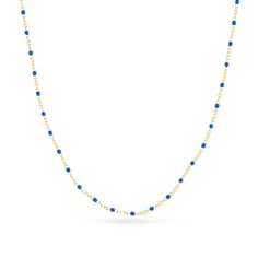 Elevate your attire with this beaded chain necklace. 14K gold Small cobalt blue enamel beads are stationed at regular intervals along the link chain 2.3mm width 17.0- to 18.0-inch adjustable chain; spring-ring clasp Beaded Chain Necklace, Enamel Beads, Craft Inspiration, Beaded Chain, Spring Rings, Link Chain, Cobalt Blue, Cobalt, Chain Necklace