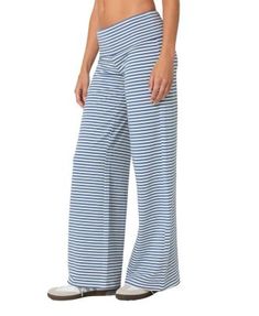 Edikted Lilah Striped Fold Over Pants Striped Stretch Wide Leg Bottoms, Blue Stretch Wide-leg Jeans, Blue High Rise Bottoms With Elastic Waistband, Relaxed Fit High Rise Bottoms For Loungewear, Blue Relaxed Fit Wide-leg Bottoms, Relaxed Fit High Rise Loungewear Bottoms, High Rise Blue Bottoms With Elastic Waistband, Blue Relaxed Fit Wide-leg Pants, High Rise Relaxed Fit Bottoms For Loungewear