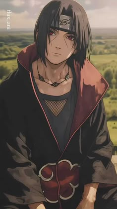 an anime character with black hair and red eyes sitting on a bench in front of a green field