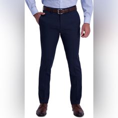 Slim Fit Poly/Wool/Spandex Pants With Flat Front Style, Belt Loops, Zip Closure, Half Front Lined, Coin Pocket, And Back Pockets. 34x34 Slim Fit Full Length Business Casual Pants, Slim Fit Full Length Pants For Business Casual, Business Casual Slim Fit Elastane Bottoms, Navy Slim Fit Pants For Business Casual, Slim Fit Full Length Elastane Pants, Fitted Pants For Business Casual, Blue Slim Fit Elastane Bottoms, Semi-formal Elastane Pants With Welt Pockets, Navy Stretch Pants For Business Casual