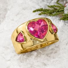 Ross-Simons - 5.50 ct. t. w. Pink Topaz Heart Ring in 18kt Gold Over Sterling. Size 5. Bejeweled with a 4.50 carat heart-shaped pink topaz and two more triangular 1.00 ct. t. w. gems, this flashy ring gives off a fun and flirtatious vibe! Makes for a striking first impression on date night. Set in 18kt yellow gold over sterling silver. 1/2" wide. Pink topaz heart ring. Valentine's Day Formal Heart Ring With Accent Stones, Raspberry Wine, Be Spontaneous, Heart Gem, Night Set, Fire Ring, Gold Heart Ring, On Date, Style Essentials