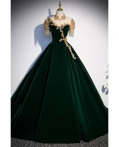 Get 10% off now! Buy dark green formal ballgown evening prom dress with embroidered beadings at cheap price online. Free stable shipping and pro custom service since 2009. Green Ball Gown, Gaun Abad Pertengahan, डिजाइनर कपड़े, High Neck Prom Dress, Velvet Prom Dress, Long Formal Gowns, Prom Dress Stores, Long Formal Dress, Beaded Prom Dress