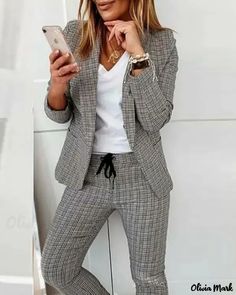 Olivia Mark - Plaid Print Blazer and Drawstring Pant Ensemble