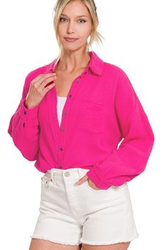 Details: Double Gauze Shirt Oversized Raw Edge Back Patch Hi-Low Hem Front Button Closure Total Body Length: 28"(Front), Bust: 46.5" Approximate, Measured from Small Colors (May Vary Slightly Due To Monitor Resolution): Dark Pink Fuchsia Sand Beige White Fabric: 100% Cotton Chic Long Sleeve Tops With Frayed Hem, Long Sleeve Tops With Frayed Hem For Everyday, Chic Tops With Frayed Hem And Relaxed Fit, Long Sleeve Tops With Frayed Hem And Relaxed Fit, Chic Relaxed Fit Top With Frayed Hem, Trendy Button-up Top With Frayed Hem, Relaxed Fit Long Sleeve Top With Frayed Hem, Casual Shirt With Frayed Hem And Relaxed Fit, Casual Long Sleeve Blouse With Frayed Hem