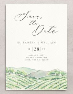 save the date card with watercolor vineyards and mountains in green, white and black