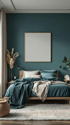 Dark Teal Bedroom Dark Teal Wall Bedroom, Dark Teal Green Bedroom, Dark Teal Bedding Color Combinations, Modern Teal Bedroom, Dark Teal Office Walls, Bedroom Teal Walls, Teal Walls Bedroom, Rustic Wall Paint, Dark Teal Accent Wall