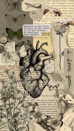 an altered collage with flowers, butterflies and other things in black and white colors