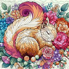 a squirrel surrounded by flowers and leaves on a white background with an orange, pink, purple