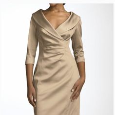 Elegant Fitted Kay Unget Sheath Dress With Shawl Collar And Ruched Waist. Perfect For A Wedding Or Cocktail Party. Stretch Satin -Hidden Zipper - Dry Clean Formal Dress Shawl, Classy Midi Dress, Classy Midi Dresses, Wraparound Dress, Mother Of Groom Dress, Kay Unger Dresses, Beautiful Cocktail Dresses, Kay Unger, Dress With Shawl