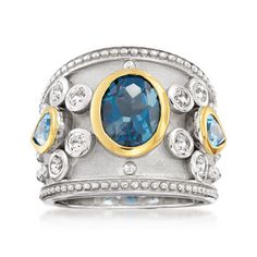 Ross-Simons - 3.70ct t.w. London Blue, Swiss Blue, White Topaz Ring, 14kt Gold. Size 10. A brushed sterling silver band hosts 3.30 ct. t.w. London and Swiss blue topaz in polished 14kt yellow gold, sparked by .40 ct. t.w. white topaz rounds. 3/4" wide. White and blue topaz ring. Blue Topaz birthstones are the perfect gift for December birthdays. Grandma Ring, Rhodolite Garnet Ring, Swiss Blue Topaz Ring, Topaz Birthstone, Mothers Ring, White Topaz Rings, Bold Rings, Black Onyx Ring, Swiss Blue Topaz