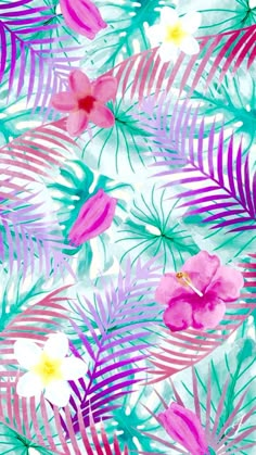 watercolor flowers and palm leaves on a white background with pink, green and blue colors