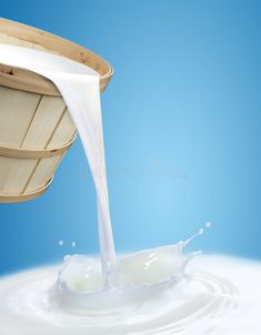 milk being poured into a wooden basket on top of a blue sky background royalty images