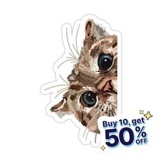 a sticker with an image of a cat's face and the words buy 10 get 50 % off