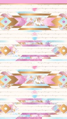 a pink, blue and gold wallpaper with feathers on the bottom right hand corner