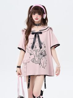 Elevate your Kawaii wardrobe with our pink sweet sailor collar T-shirt. This adorable and versatile piece features a charming sailor collar that adds a touch of Kawaii charm to your outfit. The detachable bow tie adds a playful and customizable element to the T-shirt, allowing you to create different looks with ease.  Please note that this product includes only the T-shirt.  Garment Size   	 		 			Size 			S 			M 		 		 			Full Length 			70 			72 		 		 			Bust 			116 			120 		 		 			Shoulders 			5 Spring Kawaii Top With Doll Collar, Kawaii Spring Top With Doll Collar, Kawaii Short Sleeve Tops For School, Harajuku Style Tops For Summer School, Pink Cotton Tops With Doll Collar, Pink Cotton Anime Print Tops, Pink Cotton Tops With Anime Print, Pink Anime Print Cotton Top, Cute Pink Doll Collar Top