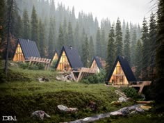 three cabins in the middle of a forest with stairs leading up to them and windows on each side