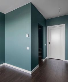 an empty room with blue walls and wood floors