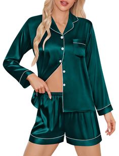 PRICES MAY VARY. ❤【New Style Shorts Set for Women】Premium quality silk satin fabric - 95% Polyester & 5% Spandex. Ultra soft and breathable.Long sleeves can keep you warm in the air conditioning room, elastic waist allows you easily to pull on or take off. It's silky feel on skin, have a premium touch. ❤【Utility Satin PJ Set】The long-sleeve top is classic and convenient with a chest pocket and notch collar and contrast piping trim. The pocket in the chest allows you to store some small stuff. The comfy PJ shorts have an elastic waistband for a perfect fit. Suit For All Season. From winter to spring to summer to fall, you’ll love enveloping yourself in the easygoing luxury of this cozy pajama set. ❤【Occasions】The long sleeve silk pajamas is casual style, great for sleepwear, nightwear, boud Silk Pjs, Bridal Pajamas, Satin Pj Set, Silk Satin Fabric, Lounge Outfit, Winter To Spring, Pj Shorts, House Clothes, Cozy Pajamas