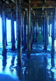 the underside of a pier with water under it and lots of wooden poles sticking out