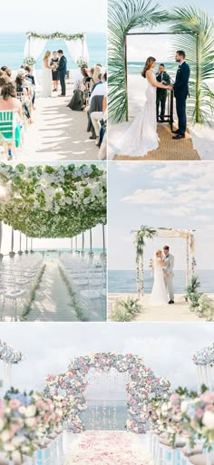 the wedding ceremony is being held on the beach and in front of an ocean view