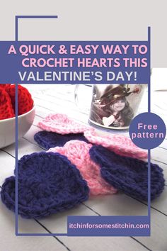 Free Pattern for Easy Crochet Hearts that are just perfect for Valentine's Day! How To Crochet Hearts For Beginners, Crochet Flat Heart Free Pattern, Free Crochet Heart Applique Pattern, Crochet Large Heart Applique Free Pattern, Valentine Crochet Patterns Free Heart Garland, Crochet A Heart, Valentine's Day Crochet, Beginner Quilts