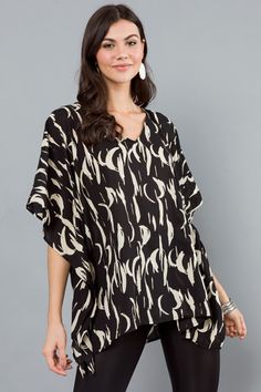 Amy V Tunic, Black Rain - 3/4 & Long Sleeve - Tops - The Blue Door Boutique Black Tops With Abstract Print For Spring, Black Casual Tunic For Spring, Casual Black Tunic For Spring, Casual Black Tunic Top, Chic Black Spring Tunic, Black Tunic Top For Spring, Chic Printed Tunic Tops, Black Relaxed Fit Tunic For Spring, Casual Flowy Printed Tunic