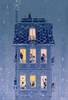 people are standing on the balcony of a blue house with snow falling all over it