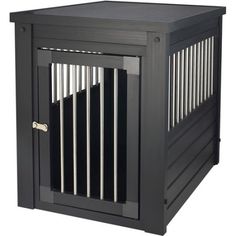 the dog crate is black and has an open door