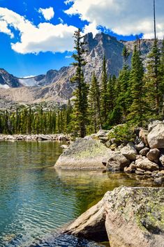 a mountain lake surrounded by trees and rocks