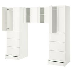 an open white cabinet with drawers and cupboards on the bottom, next to it's doors