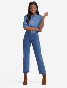 Chambray Button Down Shirt in Medium Wash – Draper James Classic Denim Top With Button Closure, Classic Denim Top With Button Closure For Everyday, Classic Button-up Relaxed Fit Jeans, Classic Everyday Denim Top, Everyday Medium Wash Button-up Jeans, Dark Wash Relaxed Fit Button-up Jeans, Denim Blue Mid-rise Tops For Fall, Chic Button-up Jeans For Everyday, Everyday Relaxed Fit Jeans With Buttons