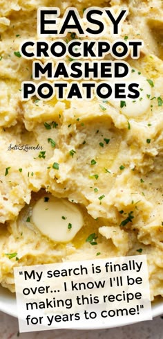 an easy crockpot mashed potatoes recipe in a bowl with text overlay