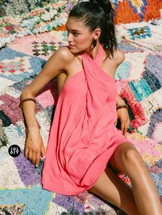 Flowy Halter Neck Solid Dresses, Summer Multi-way Halter Top, Solid Color Summer Beachwear Dresses, Solid Summer Mini Dress For Vacation, Solid Color Mini Dress For Summer Vacation, Summer Pink Backless Halter Dress, Chic Crisscross Straps Sundress For Summer, Pink Flowy Halter Neck Midi Dress, Pink Backless Halter Dress For Summer