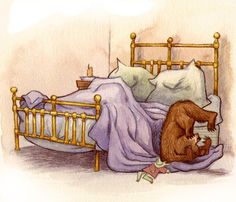 a drawing of a bear laying in bed with his head on another bear's back