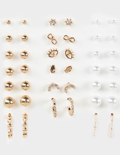 Full Tilt 20 Pack Stud/pearl Earring Set. An Expansive Collection Of Different Size Stud, Hoop, And Faux Pearl Earrings. Includes 6 Different Sizes Of Gold Tone And Faux Pearl Balls, As Well As Stud And Hoop Earrings With Rhinestones. Not Intended For Children 12 And Under. Imported. California Proposition 65 Warning: This Product Can Expose You To Chemicals Including Lead, Which Is Known To The State Of California To Cause Cancer Or Birth Defects Or Other Reproductive Harm. For More Information Go To Www.p65warnings.ca.gov. Gold Earing, Clear Backpacks, Earring Pack, Pearl Earring Set, Graphic Trends, Faux Pearl Earrings, Girls Graphic Tee, Casual Flat Shoes, Full Tilt