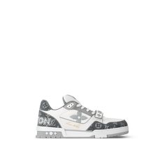 LOUIS VUITTON® - Lv Trainer Sneaker - Grey Lv Trainers, Lv Trainer Sneaker, Men's Brooch, Louis Vuitton Official Website, Ballerina Pumps, Script Lettering, Leather Denim, Buckle Shoes, Silver Jewelry Fashion